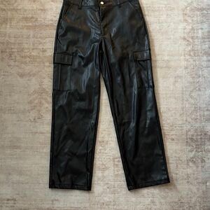 Black Faux Leather Cargo Pants